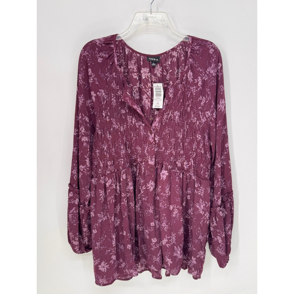 Torrid Henley Top Womens 2 Purple NWT Floral Smocked Crinkle Gauze Babydoll